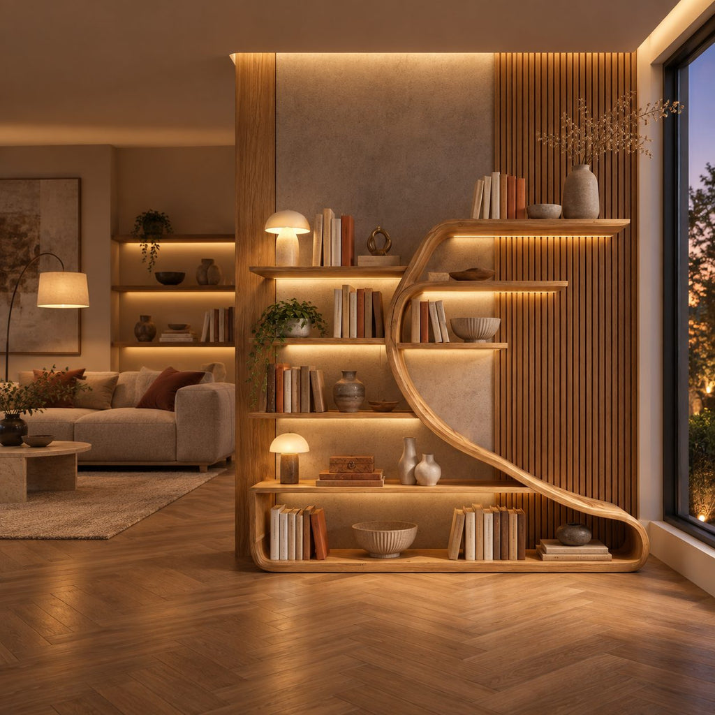Wall Bookshelf with Sweeping S Curve Spine, Large Tree Shape Wood Bookcase for Home Library
