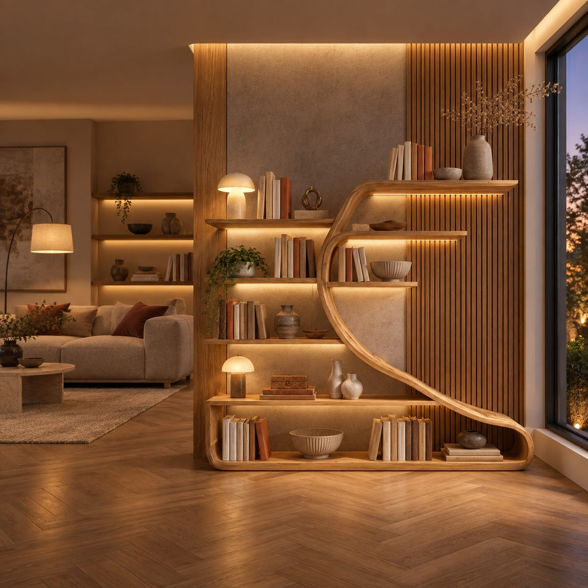 Wall Bookshelf with Sweeping S Curve Spine, Large Tree Shape Wood Bookcase for Home Library