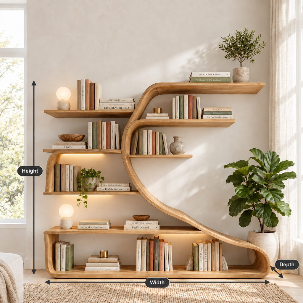 Wall Bookshelf with Sweeping S Curve Spine, Large Tree Shape Wood Bookcase for Home Library