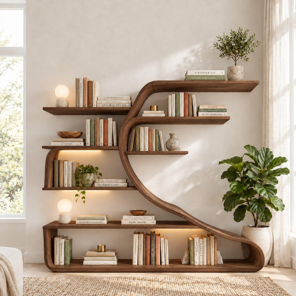 Wall Bookshelf with Sweeping S Curve Spine, Large Tree Shape Wood Bookcase for Home Library