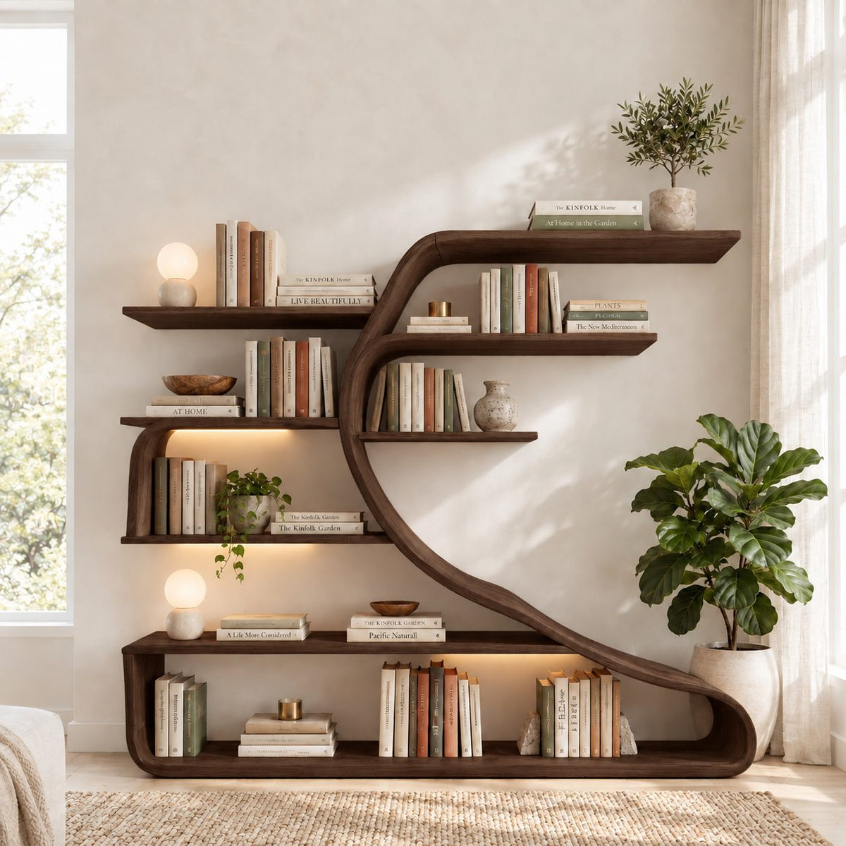 Wall Bookshelf with Sweeping S Curve Spine, Large Tree Shape Wood Bookcase for Home Library