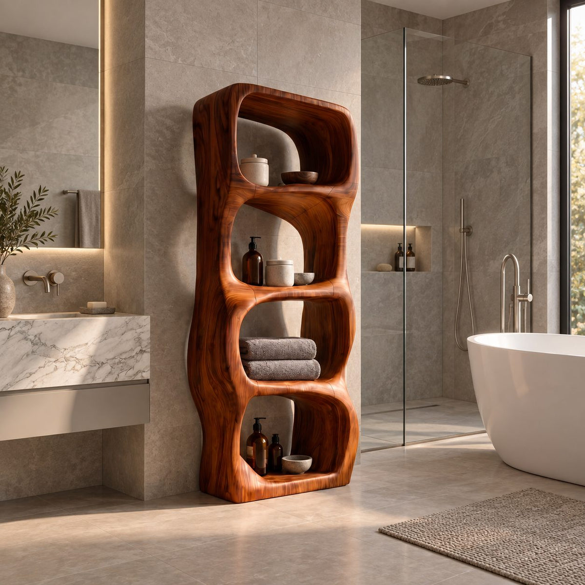 Sculpted Rounded Cell Bathroom Shelf, Thick Solid Wood Freestanding Open Storage Tower with 4 Cells