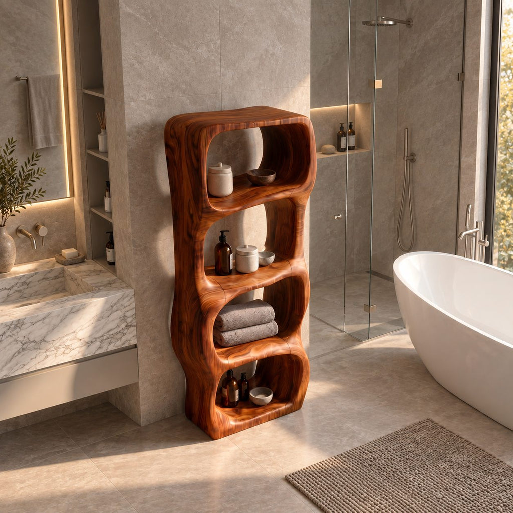 Sculpted Rounded Cell Bathroom Shelf, Thick Solid Wood Freestanding Open Storage Tower with 4 Cells