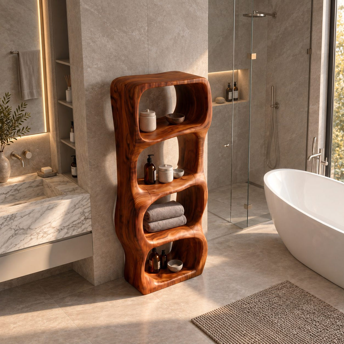 Sculpted Rounded Cell Bathroom Shelf, Thick Solid Wood Freestanding Open Storage Tower with 4 Cells