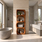 Sculpted Rounded Cell Bathroom Shelf, Thick Solid Wood Freestanding Open Storage Tower with 4 Cells