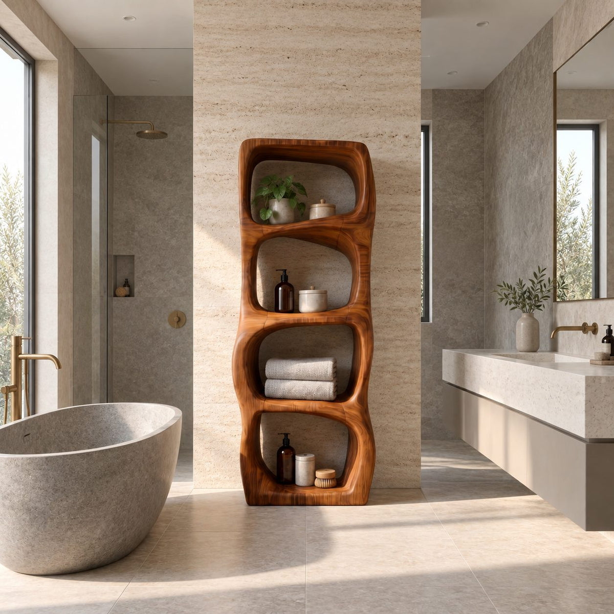 Sculpted Rounded Cell Bathroom Shelf, Thick Solid Wood Freestanding Open Storage Tower with 4 Cells