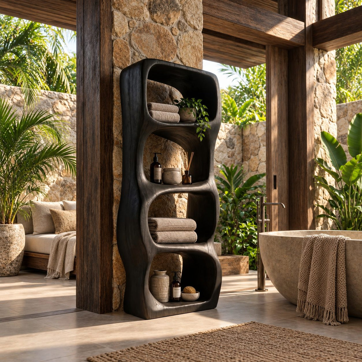 Sculpted Rounded Cell Bathroom Shelf, Thick Solid Wood Freestanding Open Storage Tower with 4 Cells