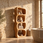 Sculpted Rounded Cell Bathroom Shelf, Thick Solid Wood Freestanding Open Storage Tower with 4 Cells