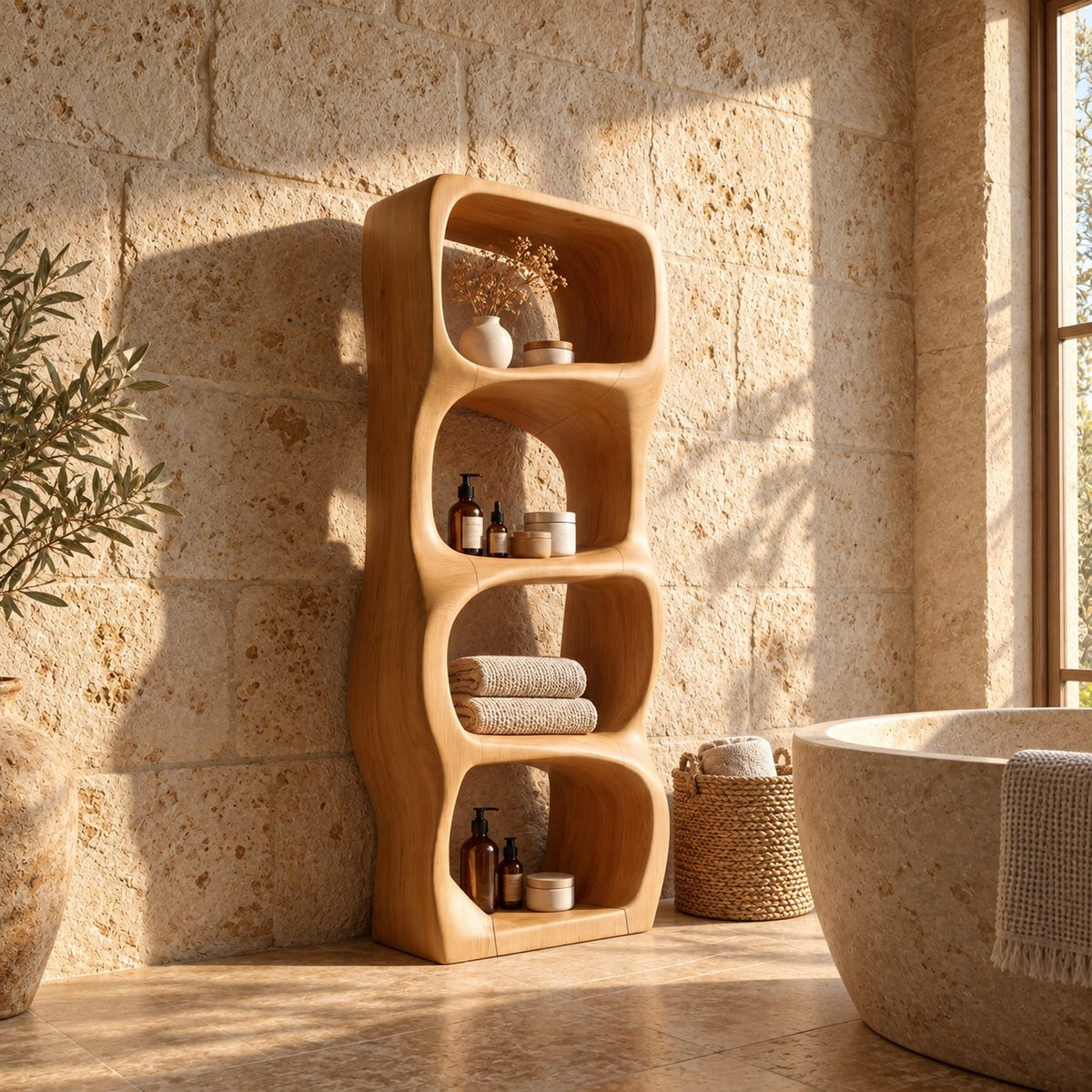 Sculpted Rounded Cell Bathroom Shelf, Thick Solid Wood Freestanding Open Storage Tower with 4 Cells