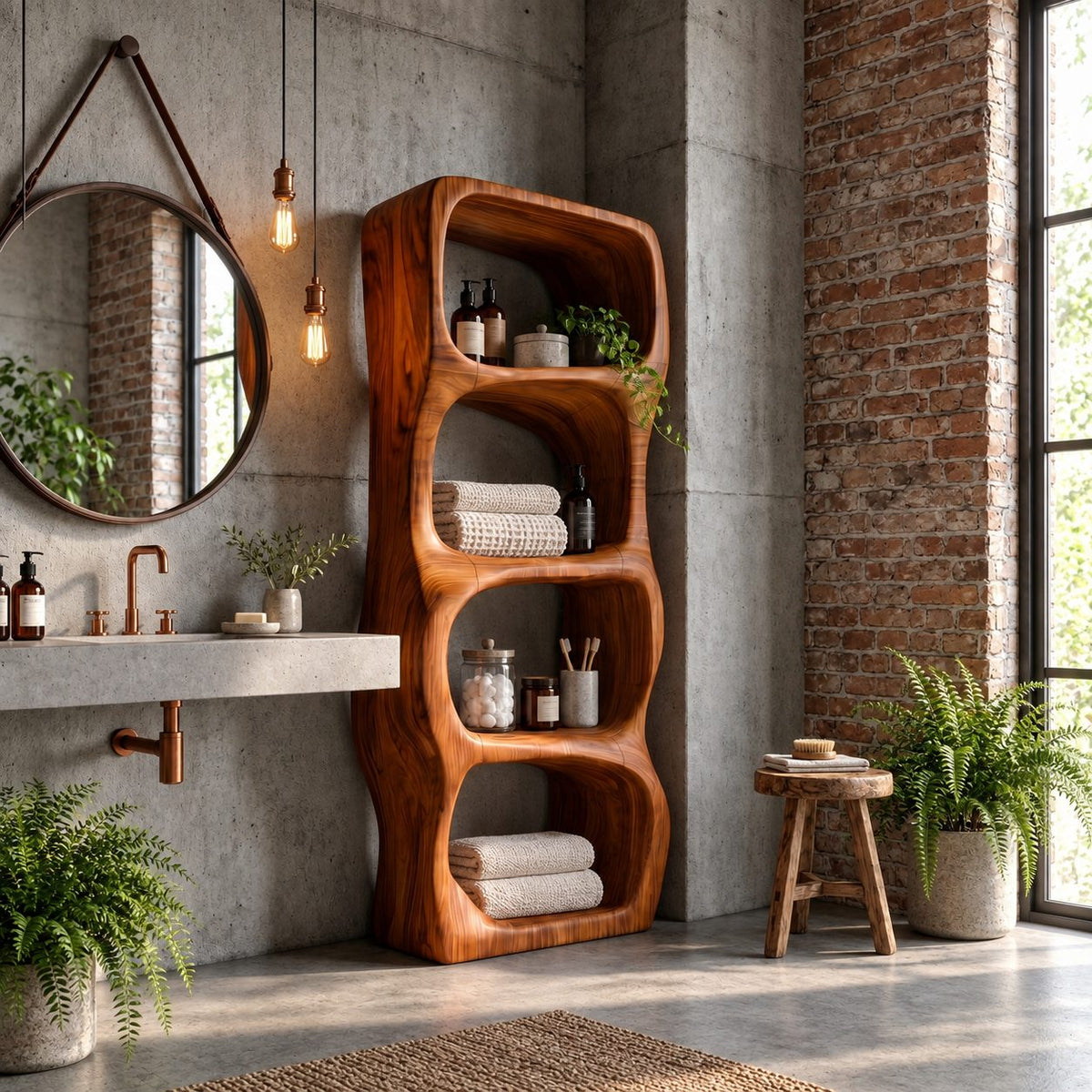 Sculpted Rounded Cell Bathroom Shelf, Thick Solid Wood Freestanding Open Storage Tower with 4 Cells