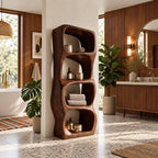 Sculpted Rounded Cell Bathroom Shelf, Thick Solid Wood Freestanding Open Storage Tower with 4 Cells