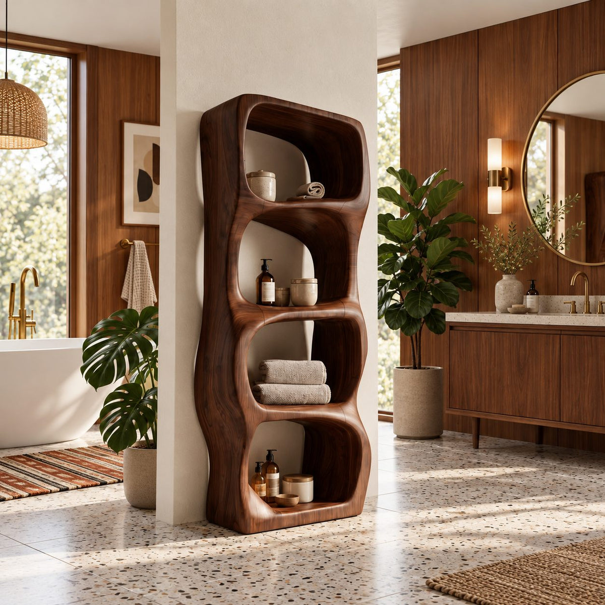 Sculpted Rounded Cell Bathroom Shelf, Thick Solid Wood Freestanding Open Storage Tower with 4 Cells