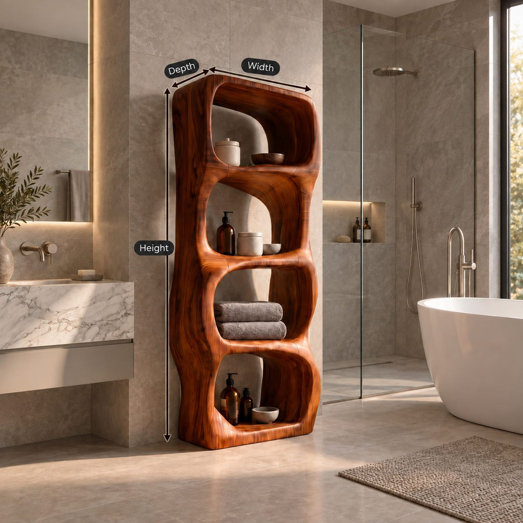 Sculpted Rounded Cell Bathroom Shelf, Thick Solid Wood Freestanding Open Storage Tower with 4 Cells