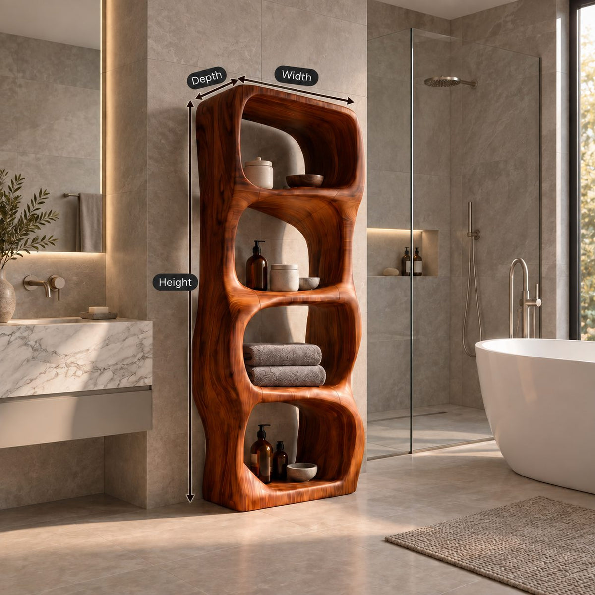 Sculpted Rounded Cell Bathroom Shelf, Thick Solid Wood Freestanding Open Storage Tower with 4 Cells