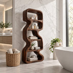 Zigzag Sculptural Bathroom Shelf, Freeform Solid Wood Open Tower with Staggered Curved Cells, 50-70 Inch
