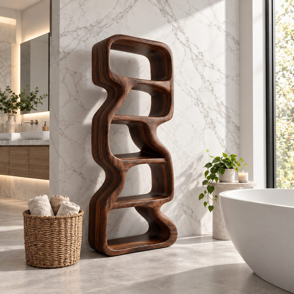 Zigzag Sculptural Bathroom Shelf, Freeform Solid Wood Open Tower with Staggered Curved Cells, 50-70 Inch