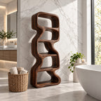 Zigzag Sculptural Bathroom Shelf, Freeform Solid Wood Open Tower with Staggered Curved Cells, 50-70 Inch