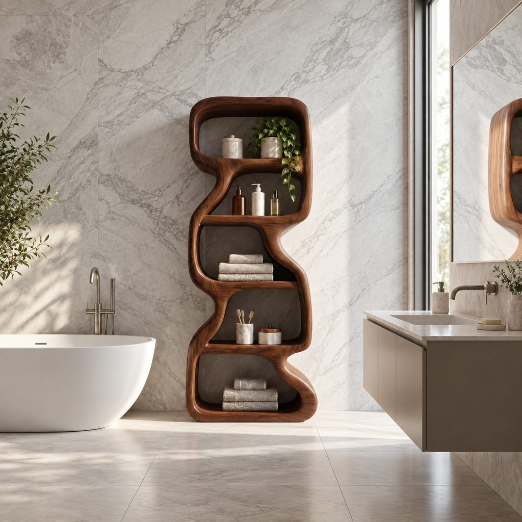 Zigzag Sculptural Bathroom Shelf, Freeform Solid Wood Open Tower with Staggered Curved Cells, 50-70 Inch