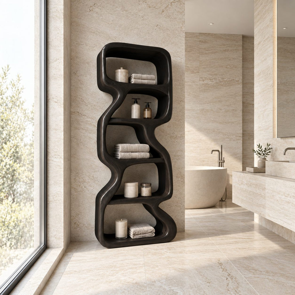 Zigzag Sculptural Bathroom Shelf, Freeform Solid Wood Open Tower with Staggered Curved Cells, 50-70 Inch