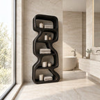 Zigzag Sculptural Bathroom Shelf, Freeform Solid Wood Open Tower with Staggered Curved Cells, 50-70 Inch
