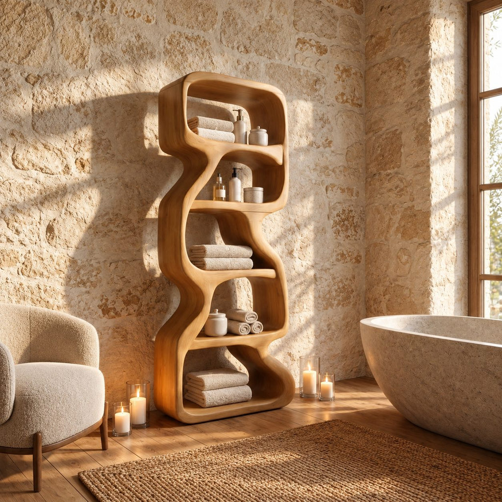 Zigzag Sculptural Bathroom Shelf, Freeform Solid Wood Open Tower with Staggered Curved Cells, 50-70 Inch