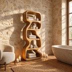 Zigzag Sculptural Bathroom Shelf, Freeform Solid Wood Open Tower with Staggered Curved Cells, 50-70 Inch