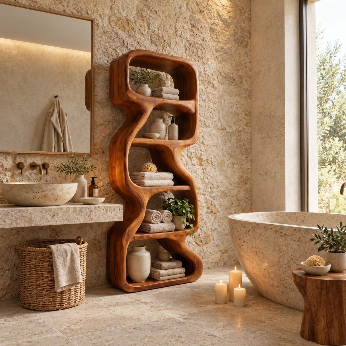 Zigzag Sculptural Bathroom Shelf, Freeform Solid Wood Open Tower with Staggered Curved Cells, 50-70 Inch