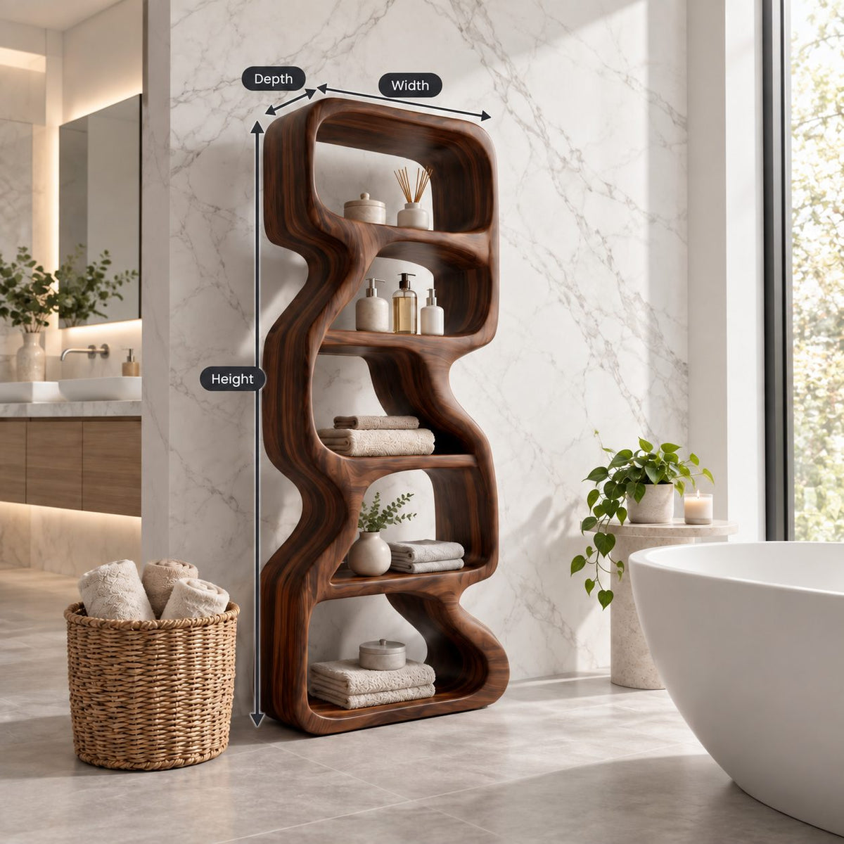 Zigzag Sculptural Bathroom Shelf, Freeform Solid Wood Open Tower with Staggered Curved Cells, 50-70 Inch