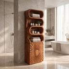 Sunburst Door Bathroom Cabinet, Tall Solid Wood Linen Tower with Rolled Open Shelves and Carved Door