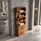 Sunburst Door Bathroom Cabinet, Tall Solid Wood Linen Tower with Rolled Open Shelves and Carved Door