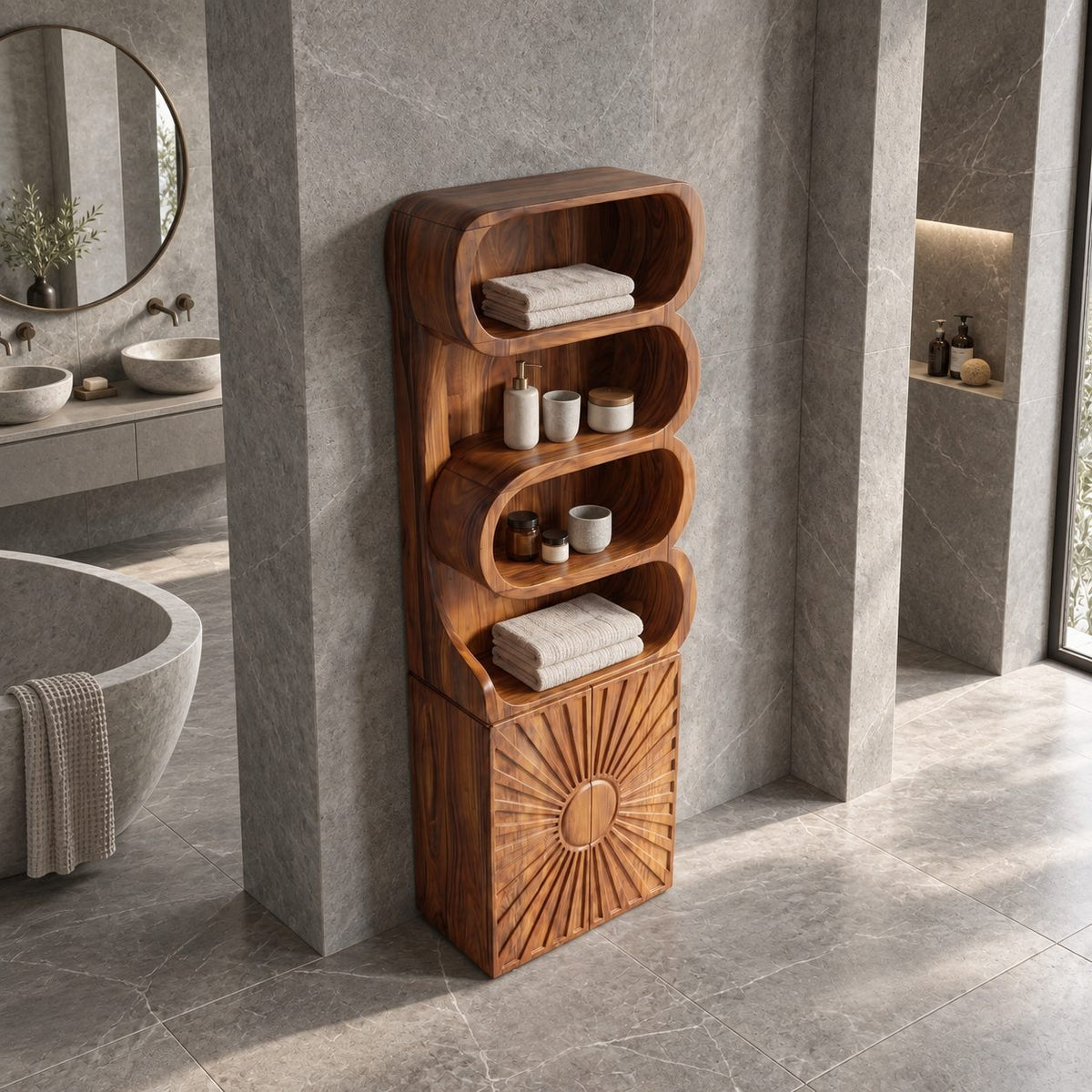 Sunburst Door Bathroom Cabinet, Tall Solid Wood Linen Tower with Rolled Open Shelves and Carved Door
