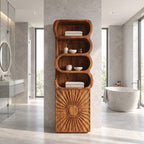 Sunburst Door Bathroom Cabinet, Tall Solid Wood Linen Tower with Rolled Open Shelves and Carved Door