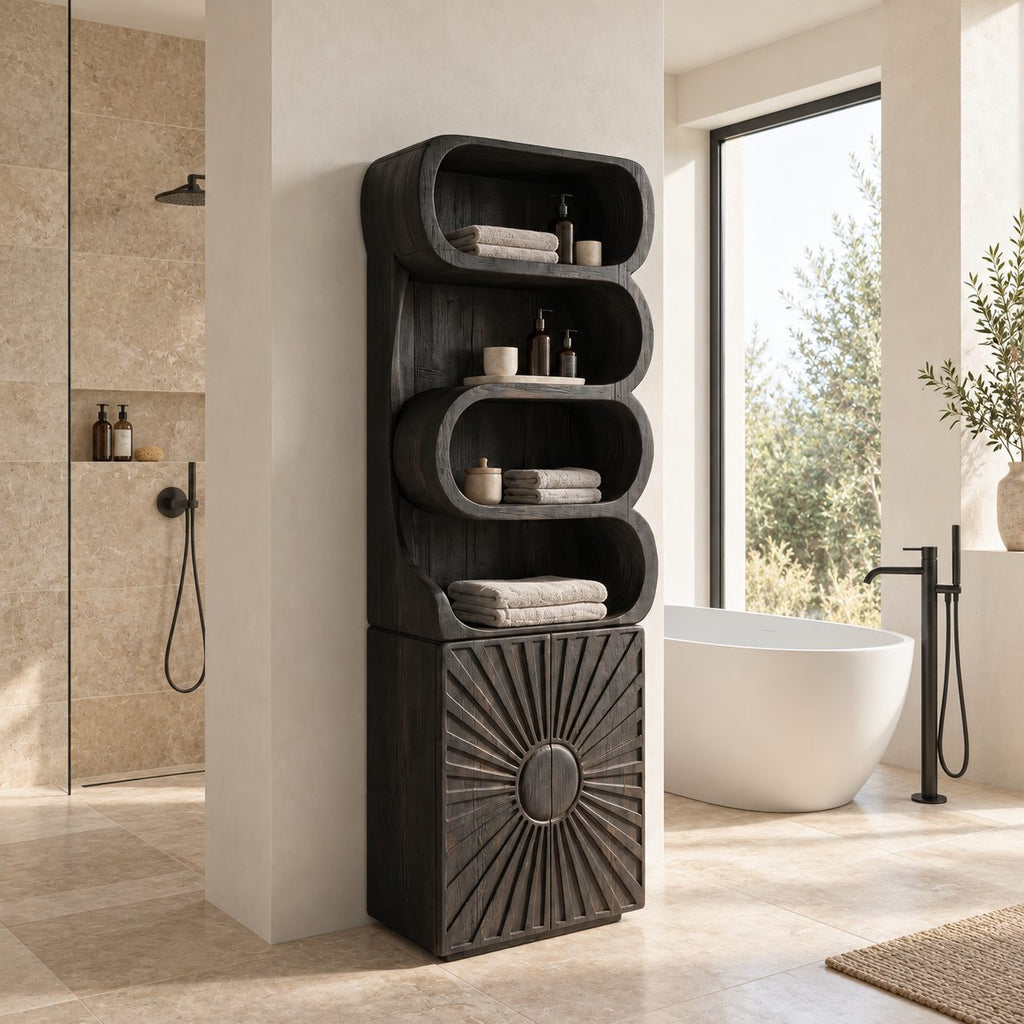 Sunburst Door Bathroom Cabinet, Tall Solid Wood Linen Tower with Rolled Open Shelves and Carved Door