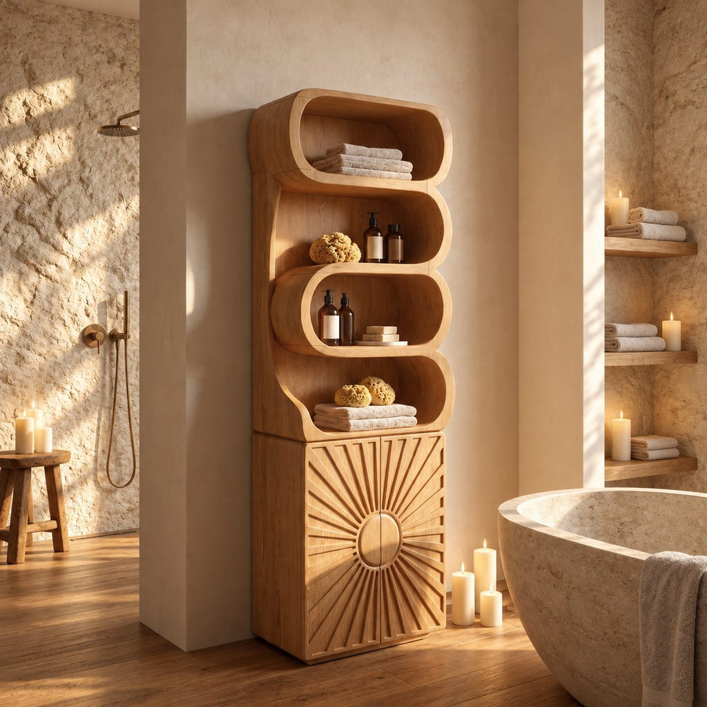 Sunburst Door Bathroom Cabinet, Tall Solid Wood Linen Tower with Rolled Open Shelves and Carved Door