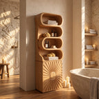 Sunburst Door Bathroom Cabinet, Tall Solid Wood Linen Tower with Rolled Open Shelves and Carved Door