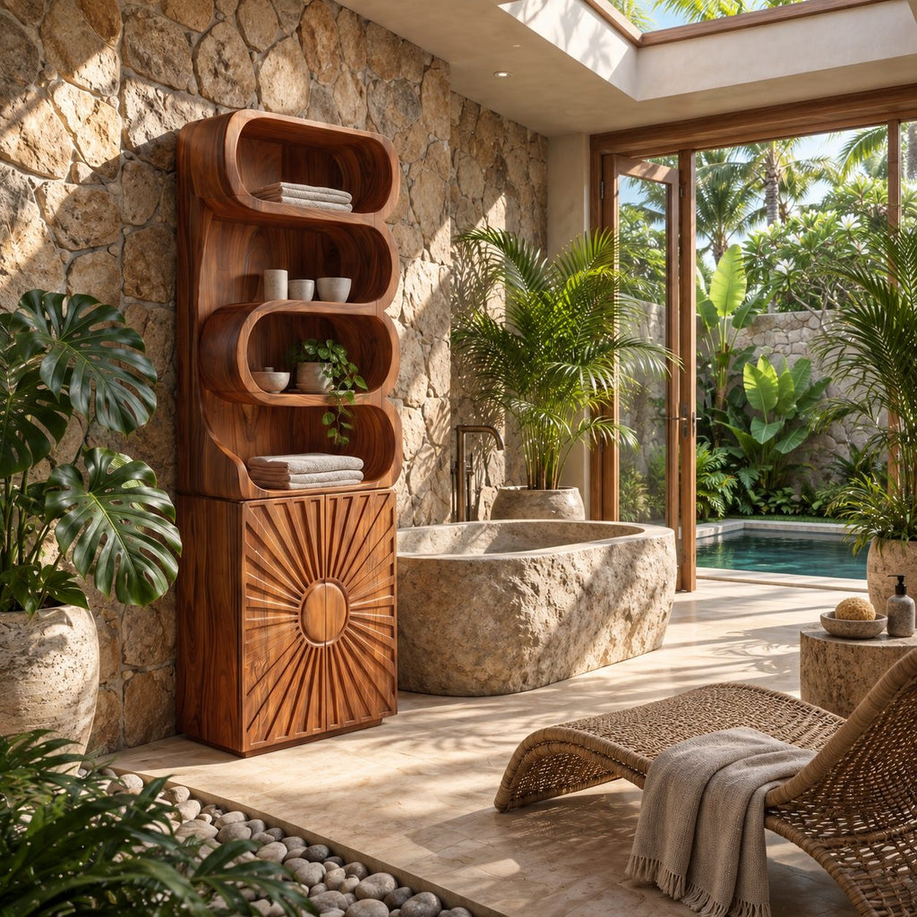 Sunburst Door Bathroom Cabinet, Tall Solid Wood Linen Tower with Rolled Open Shelves and Carved Door