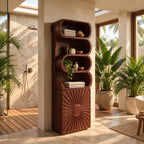 Sunburst Door Bathroom Cabinet, Tall Solid Wood Linen Tower with Rolled Open Shelves and Carved Door