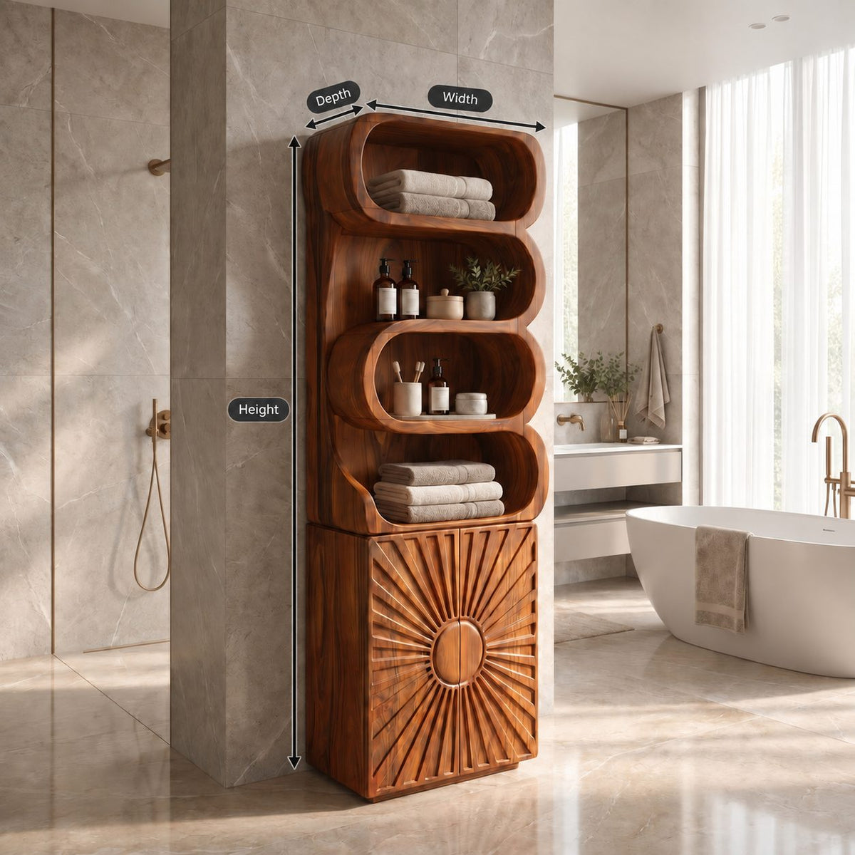 Sunburst Door Bathroom Cabinet, Tall Solid Wood Linen Tower with Rolled Open Shelves and Carved Door