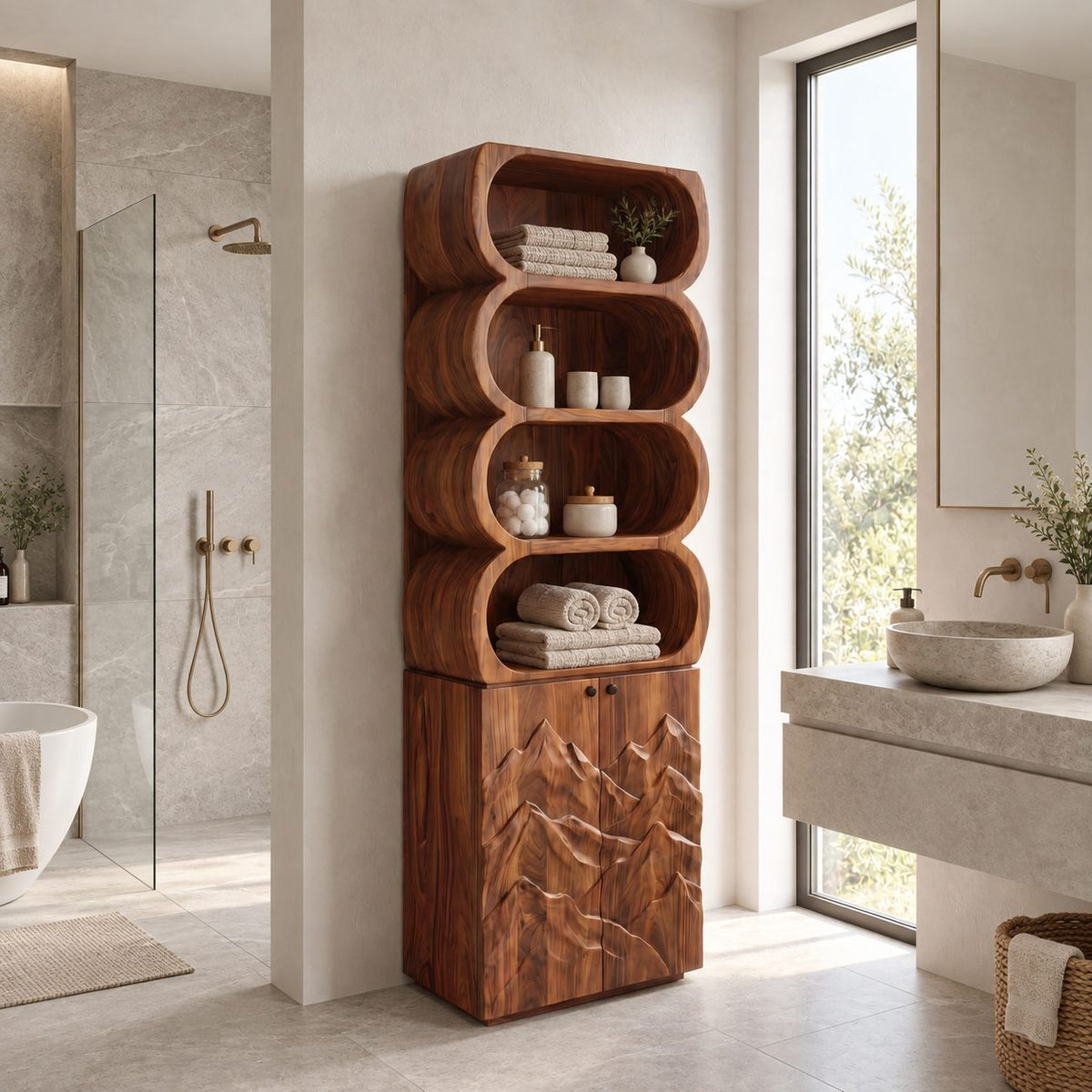 Capsule Cubby Bathroom Cabinet, Tall Solid Wood Linen Tower with Mountain Carved Doors and Open Shelves