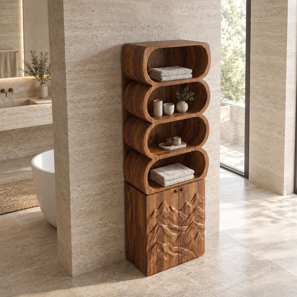Capsule Cubby Bathroom Cabinet, Tall Solid Wood Linen Tower with Mountain Carved Doors and Open Shelves