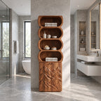Capsule Cubby Bathroom Cabinet, Tall Solid Wood Linen Tower with Mountain Carved Doors and Open Shelves