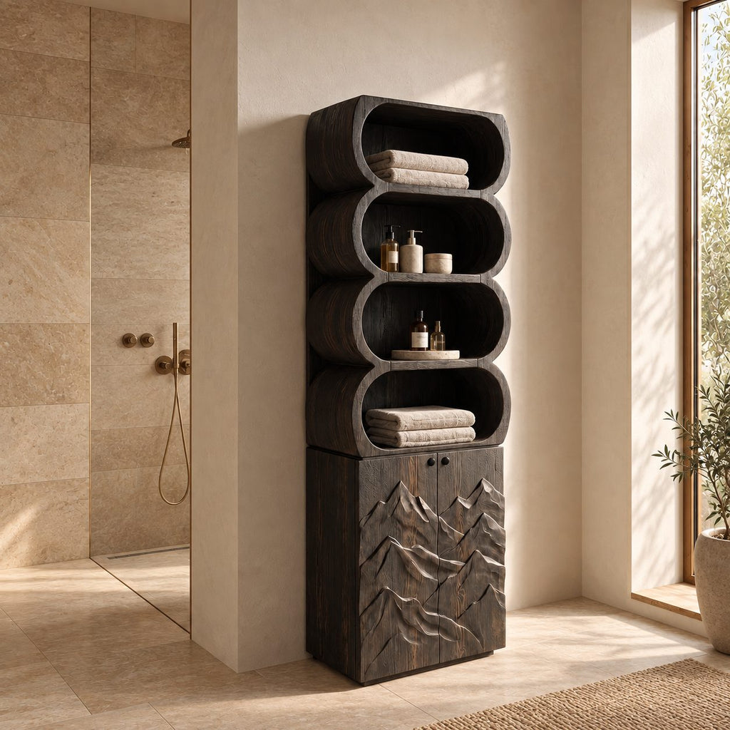 Capsule Cubby Bathroom Cabinet, Tall Solid Wood Linen Tower with Mountain Carved Doors and Open Shelves