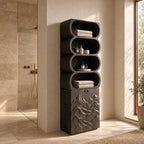 Capsule Cubby Bathroom Cabinet, Tall Solid Wood Linen Tower with Mountain Carved Doors and Open Shelves