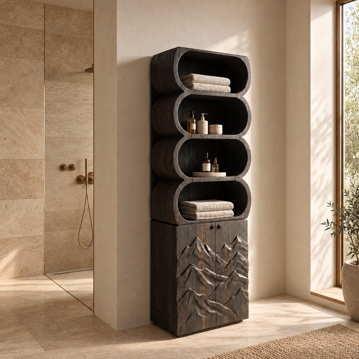 Capsule Cubby Bathroom Cabinet, Tall Solid Wood Linen Tower with Mountain Carved Doors and Open Shelves