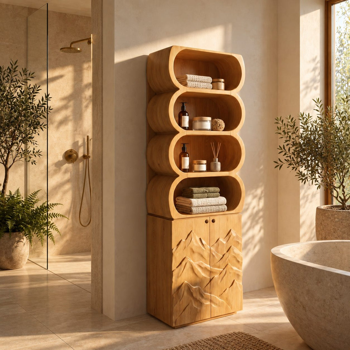 Capsule Cubby Bathroom Cabinet, Tall Solid Wood Linen Tower with Mountain Carved Doors and Open Shelves