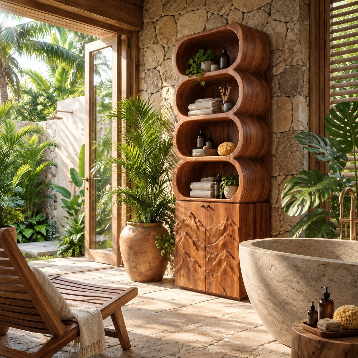 Capsule Cubby Bathroom Cabinet, Tall Solid Wood Linen Tower with Mountain Carved Doors and Open Shelves