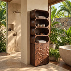 Capsule Cubby Bathroom Cabinet, Tall Solid Wood Linen Tower with Mountain Carved Doors and Open Shelves