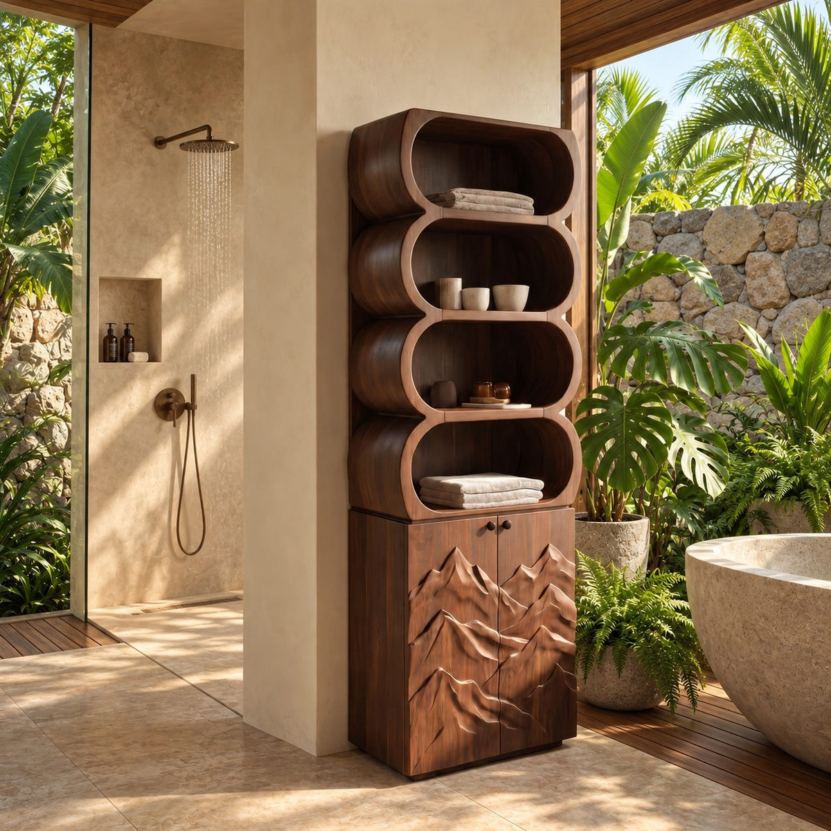 Capsule Cubby Bathroom Cabinet, Tall Solid Wood Linen Tower with Mountain Carved Doors and Open Shelves