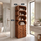 Capsule Cubby Bathroom Cabinet, Tall Solid Wood Linen Tower with Mountain Carved Doors and Open Shelves