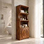 Ripple Carved Bathroom Cabinet, Tall Solid Wood Linen Cabinet with Wavy Sides, Open Shelves and 2 Doors